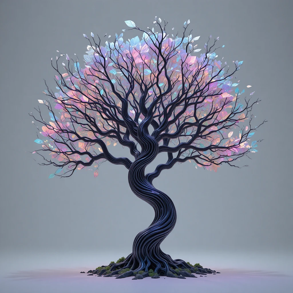 Futuristic cable like tree with glass holographic leaves