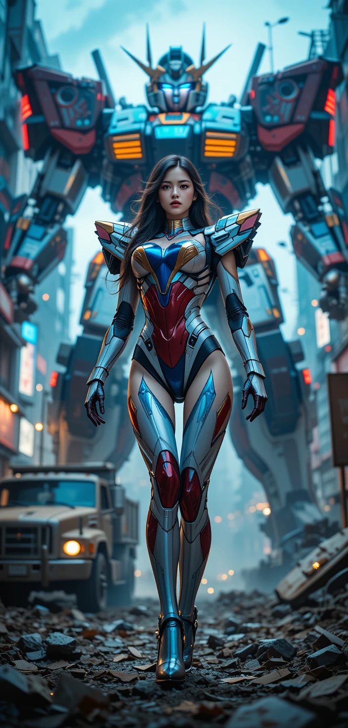 Confident sci fi woman posing in ruined city street