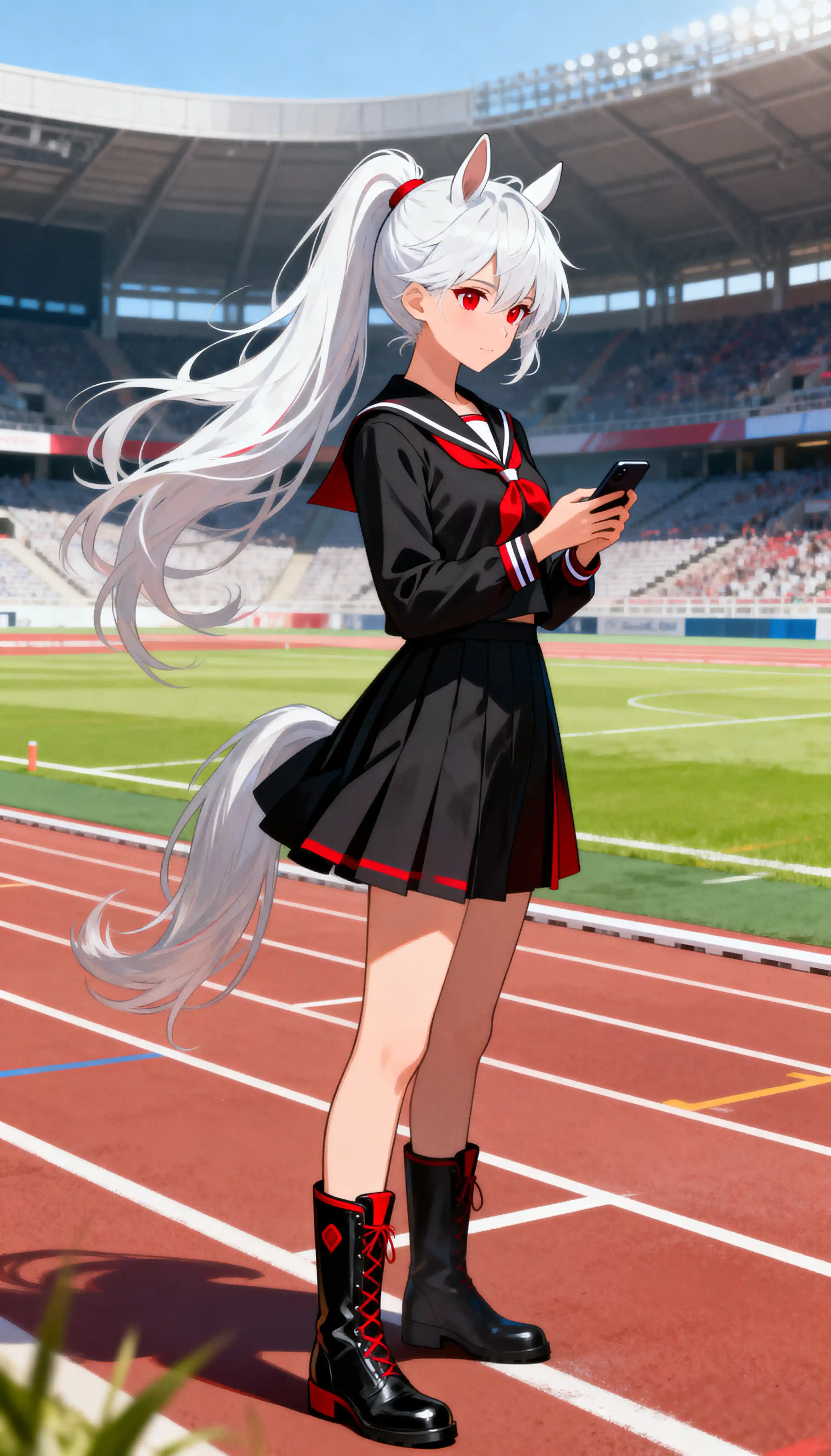 Anime horse girl checking her phone on race track