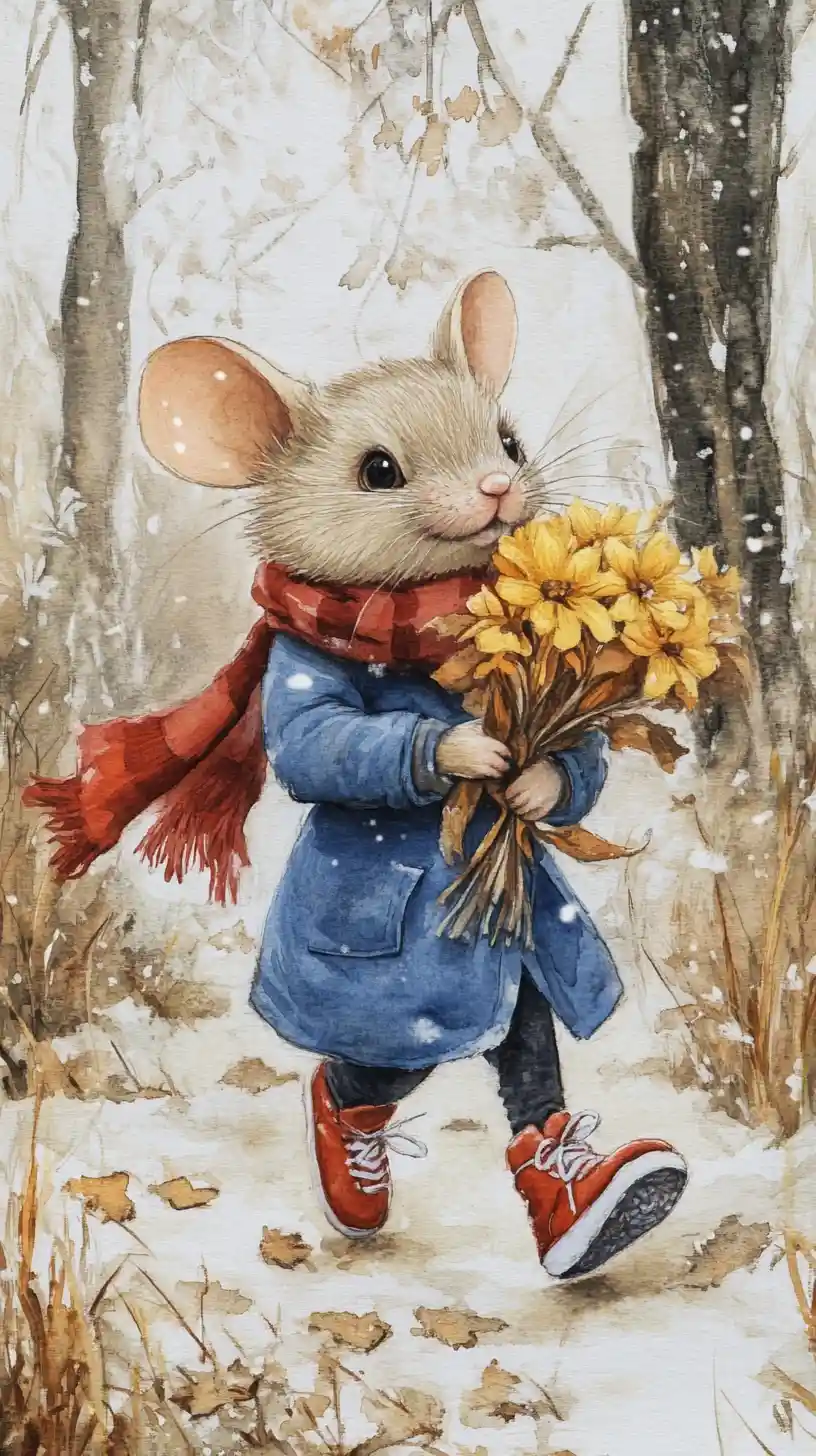 Joyful mouse running through an autumn forest with flowers