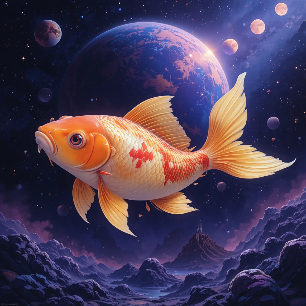 Tierno pez espacial tipo koi con planeta y tres lunas