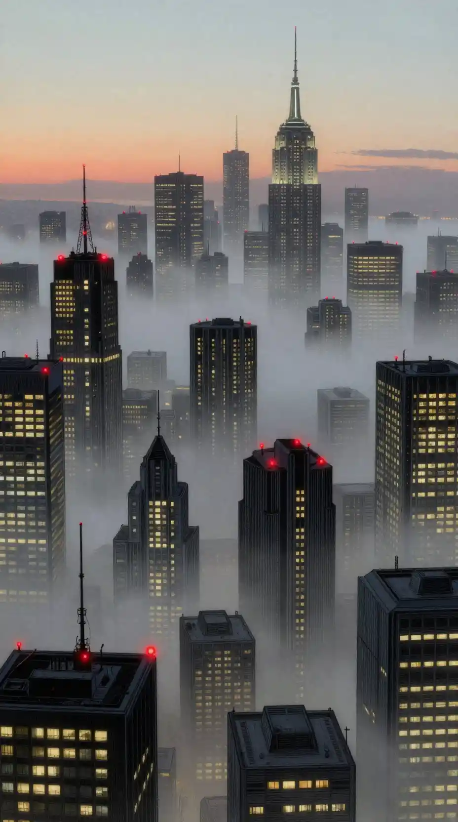 Neblige Sci‑Fi-Wolkenkratzer mit leuchtend roten Dachlichtern