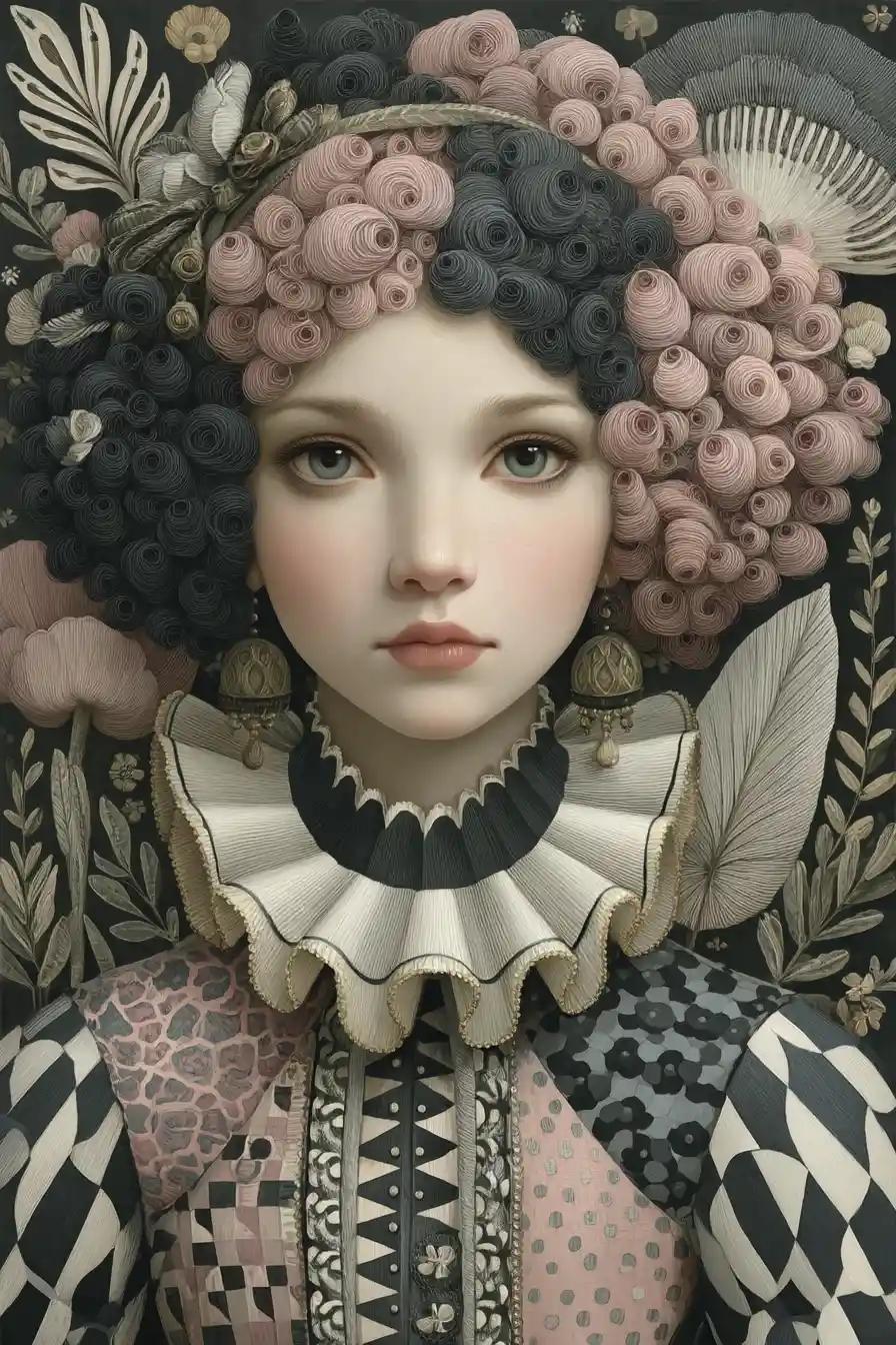 Portrait surréaliste d’une fille mystérieuse aux cheveux sculptés