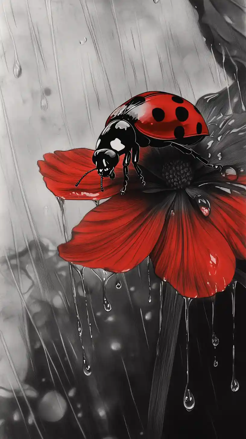 Macro ladybug on flower petal in stormy grayscale rain