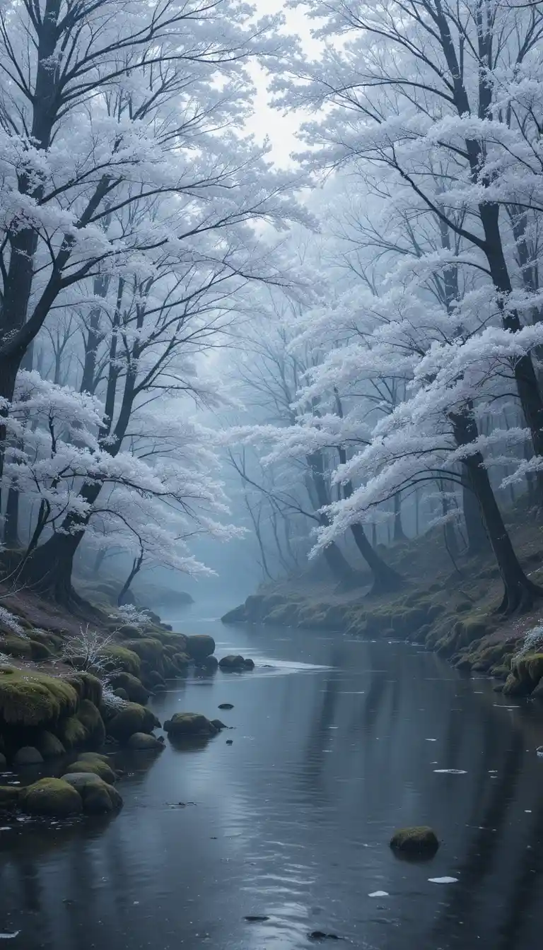 Frosted riverside trees blooming with ethereal pearly blossoms