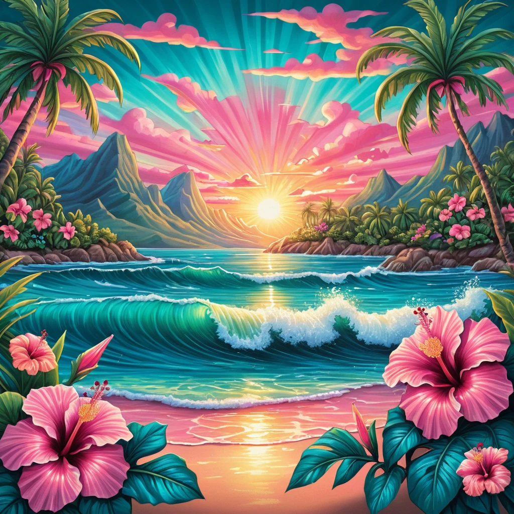 熱帶夕陽海景與群山及繁茂扶桑花邊框