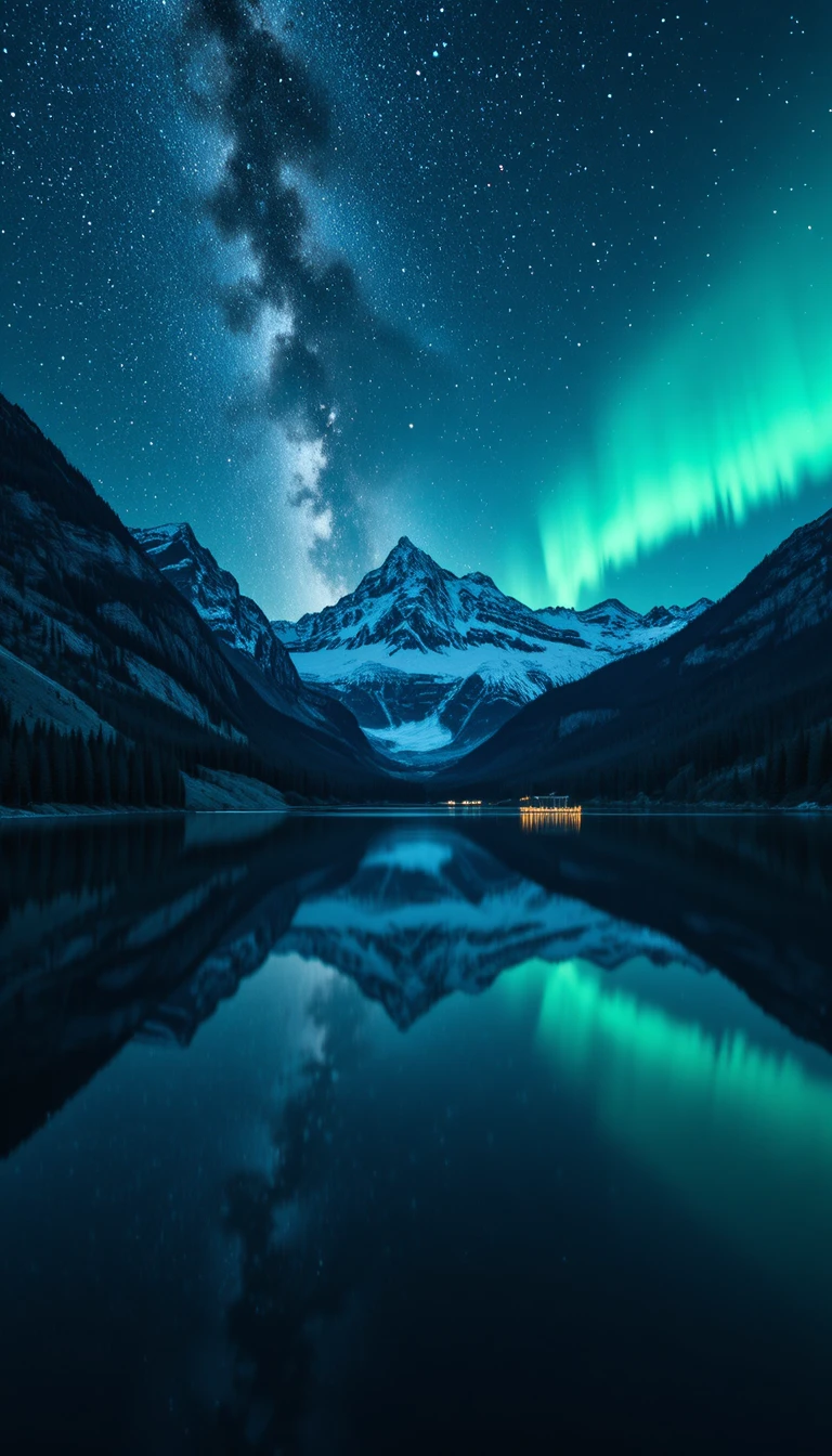 Lago di montagna di notte con stelle e aurora boreale