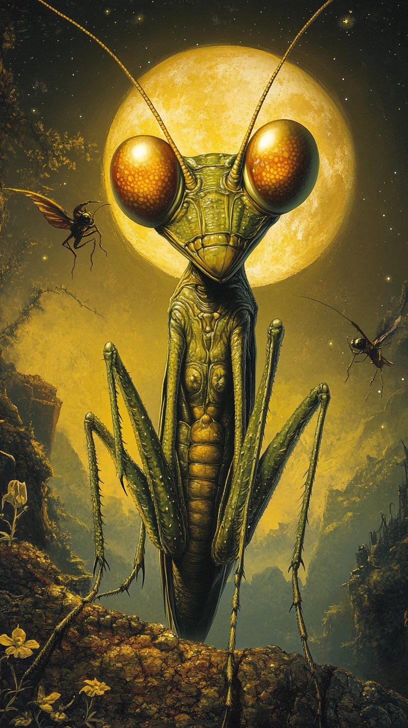 Surreal mantis emerging in a gothic moonlit dreamscape