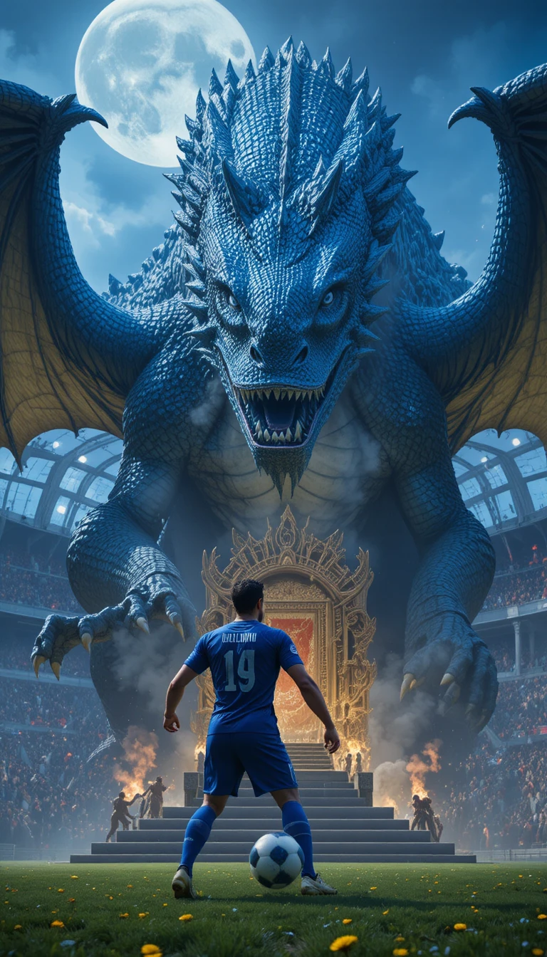 Giant soccer player facing blue dragon in moonlit stadium