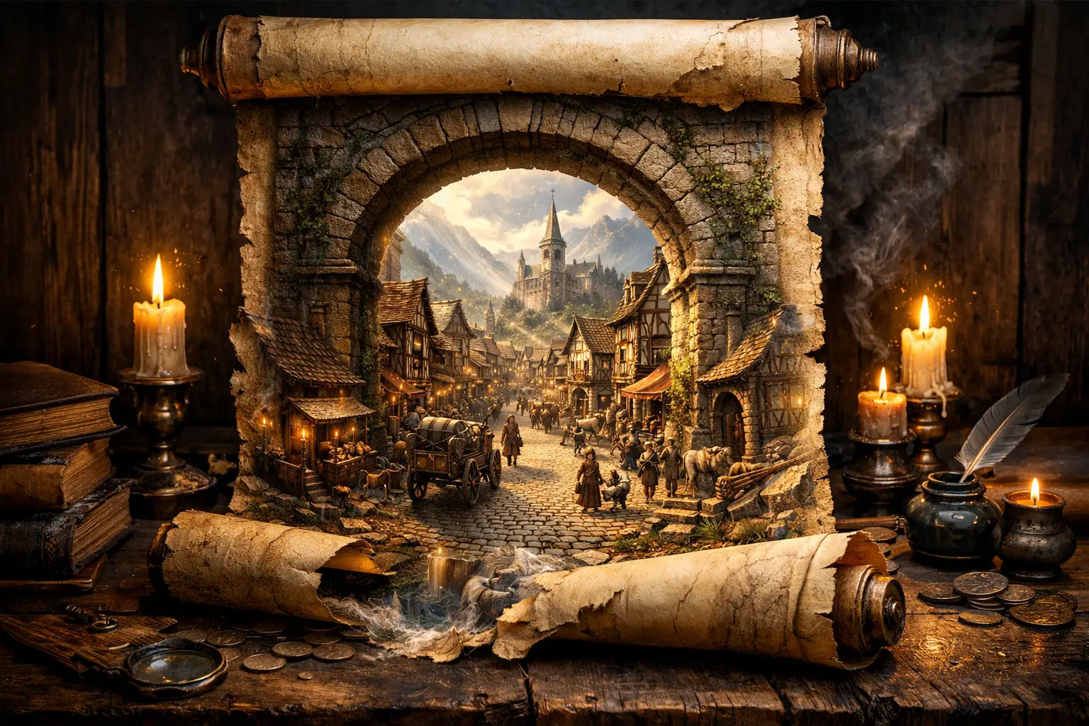 Surreal scroll revealing a medieval village in vivid detail