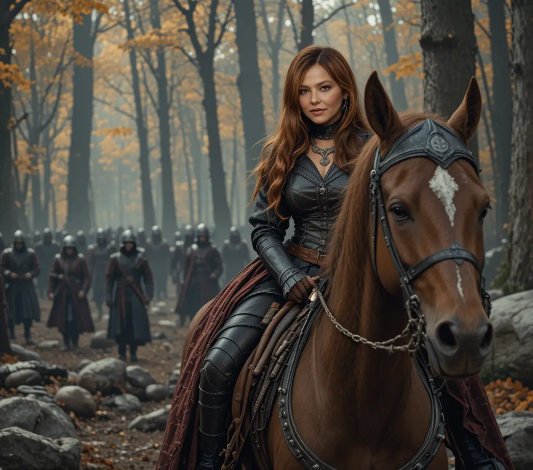 Red haired assassin woman on horseback in dark forest