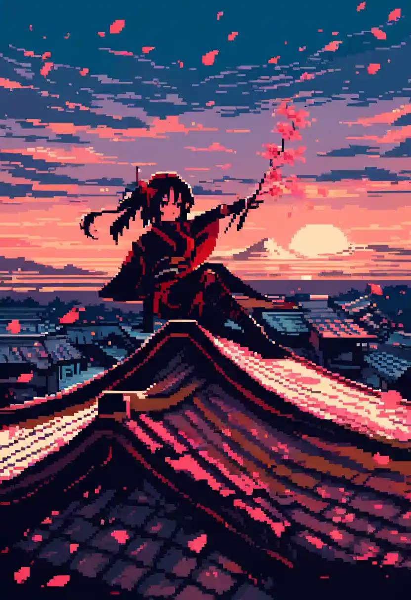 黃昏屋頂上的動漫忍者少女