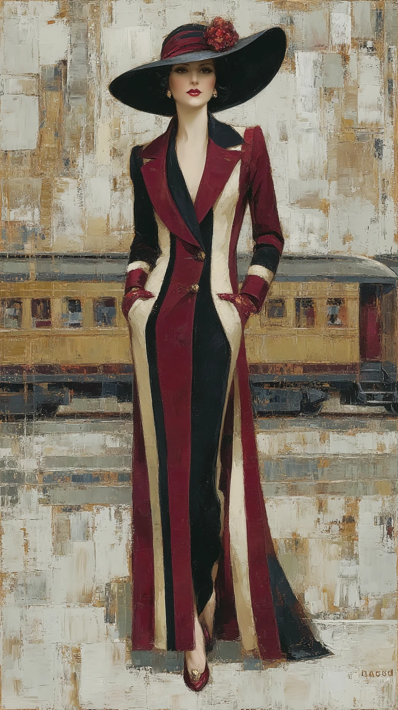 Mysterious 1920s woman in flowing coat on city street
