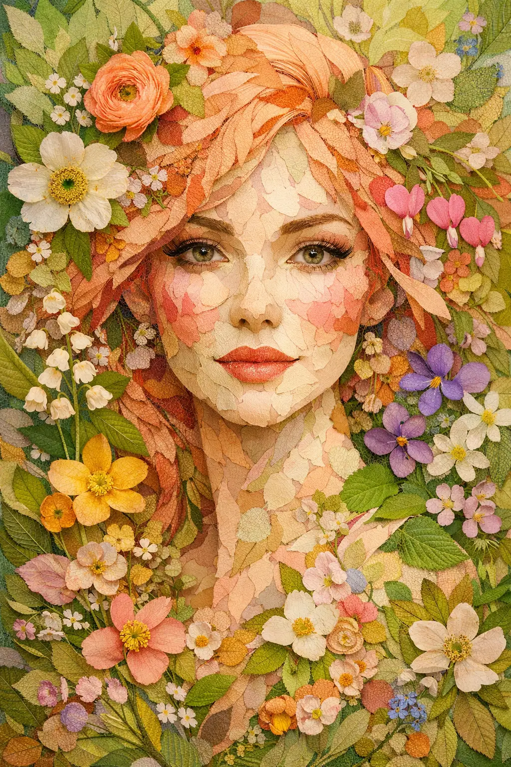 Ritratto in collage di una donna dai capelli color pesca fatto con foglie primaverili