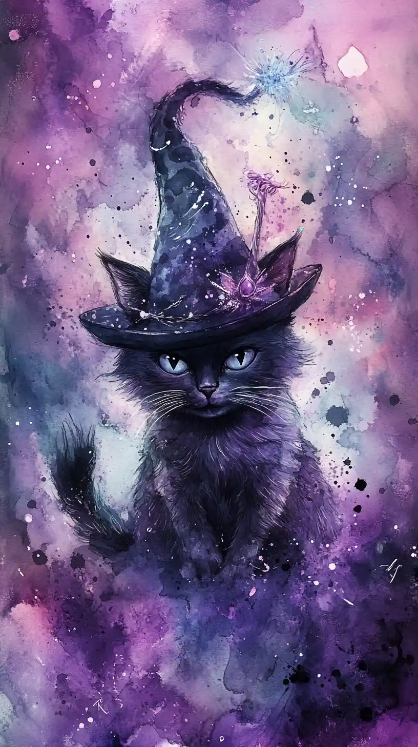 Gato de fantasia com chapéu mágico e varinha em aura cintilante