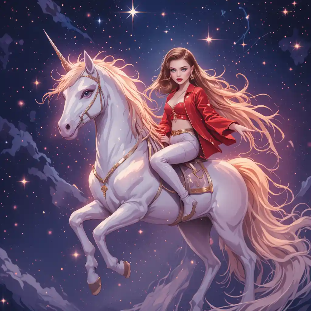Anime horsewoman riding a unicorn through a starry sky