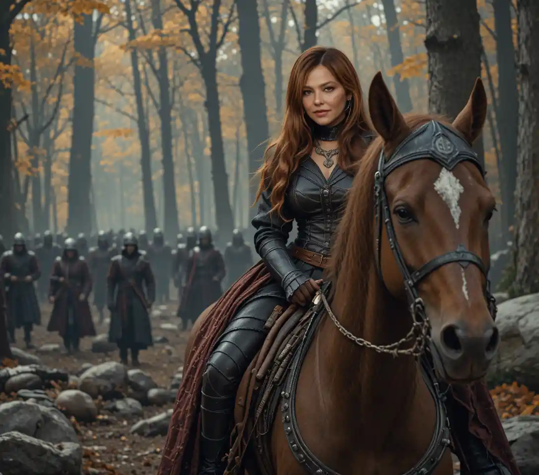 Red haired assassin woman on horseback in dark forest