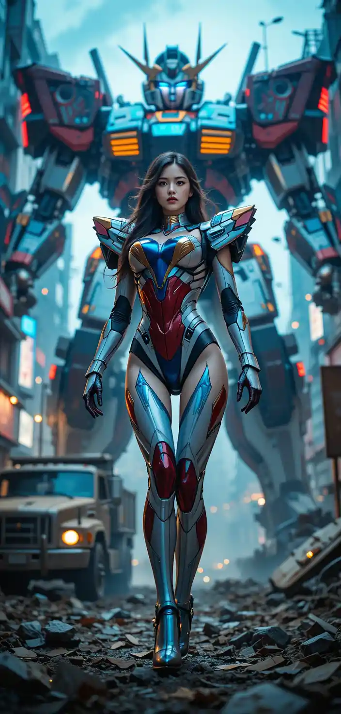 Confident sci fi woman posing in ruined city street