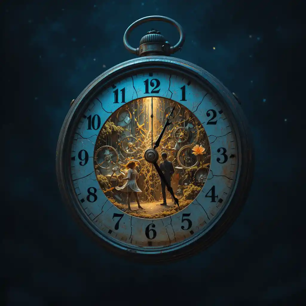Surreal cracked master clock floating in a dark void