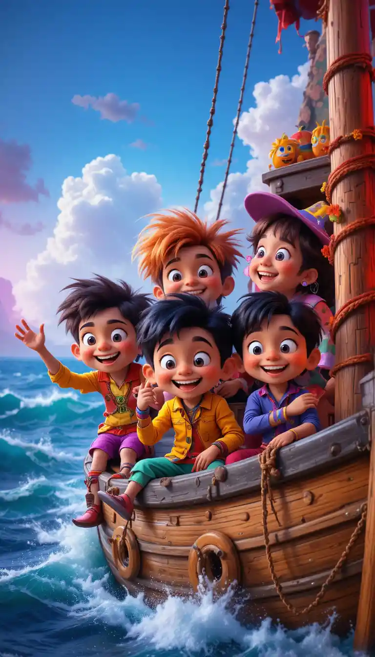 Playful multicultural children on a neon cartoon sea adventure