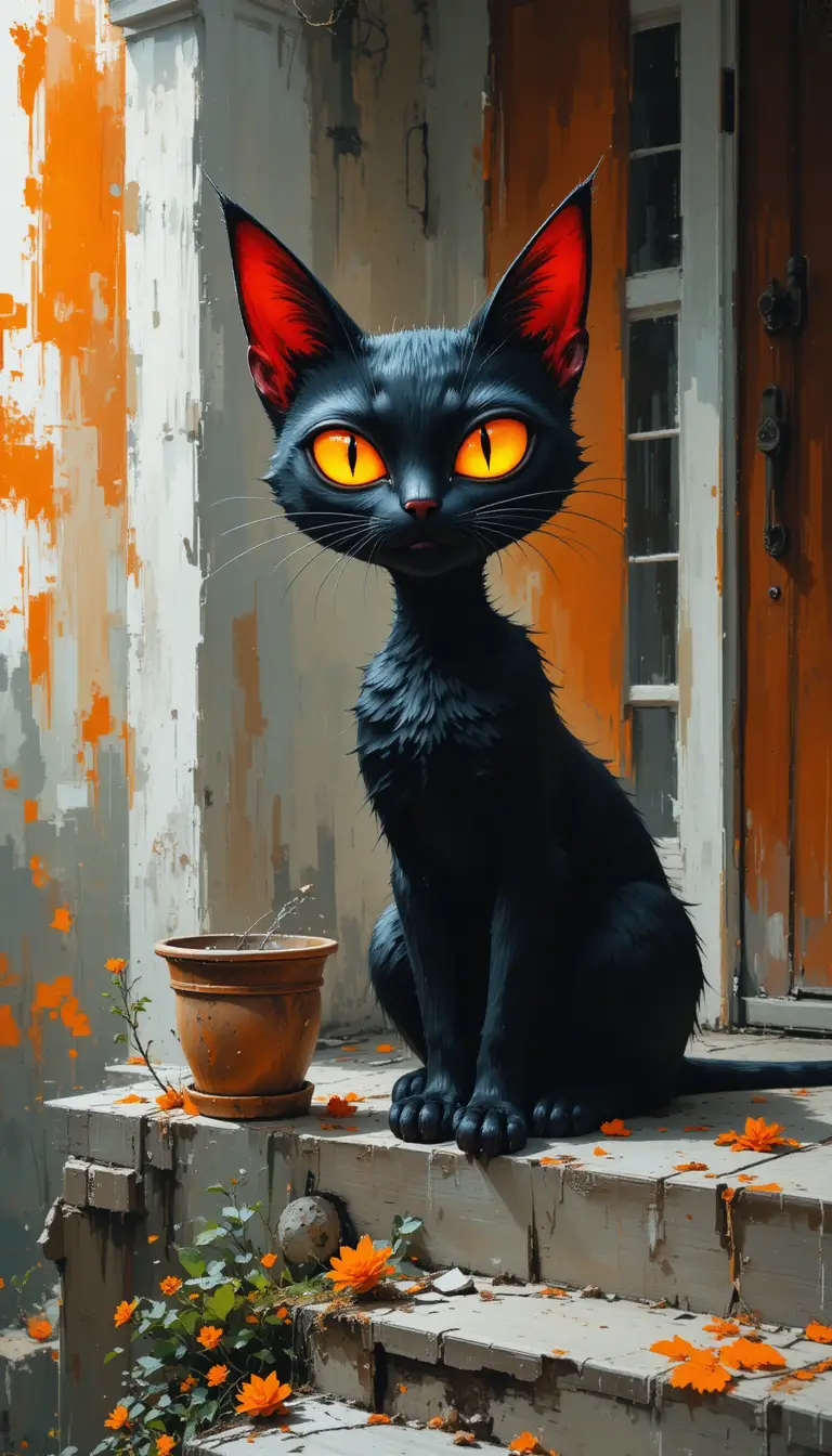 Chat noir stylisé aux yeux lumineux sur un porche