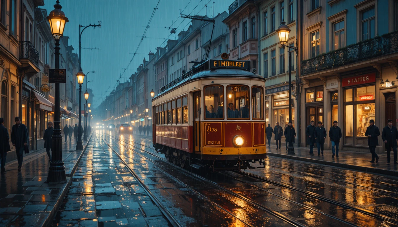 Klassische Straßenbahn in einer regnerischen Nacht in einer bunten Stadtstraße