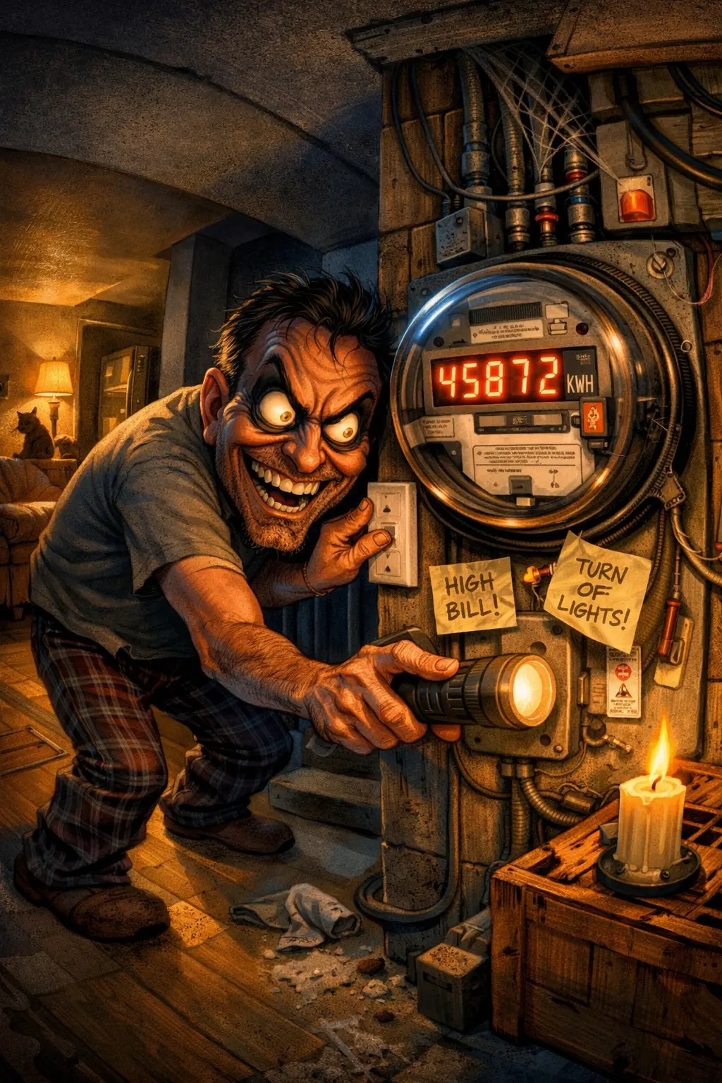 Man turning off house lights staring at electric meter