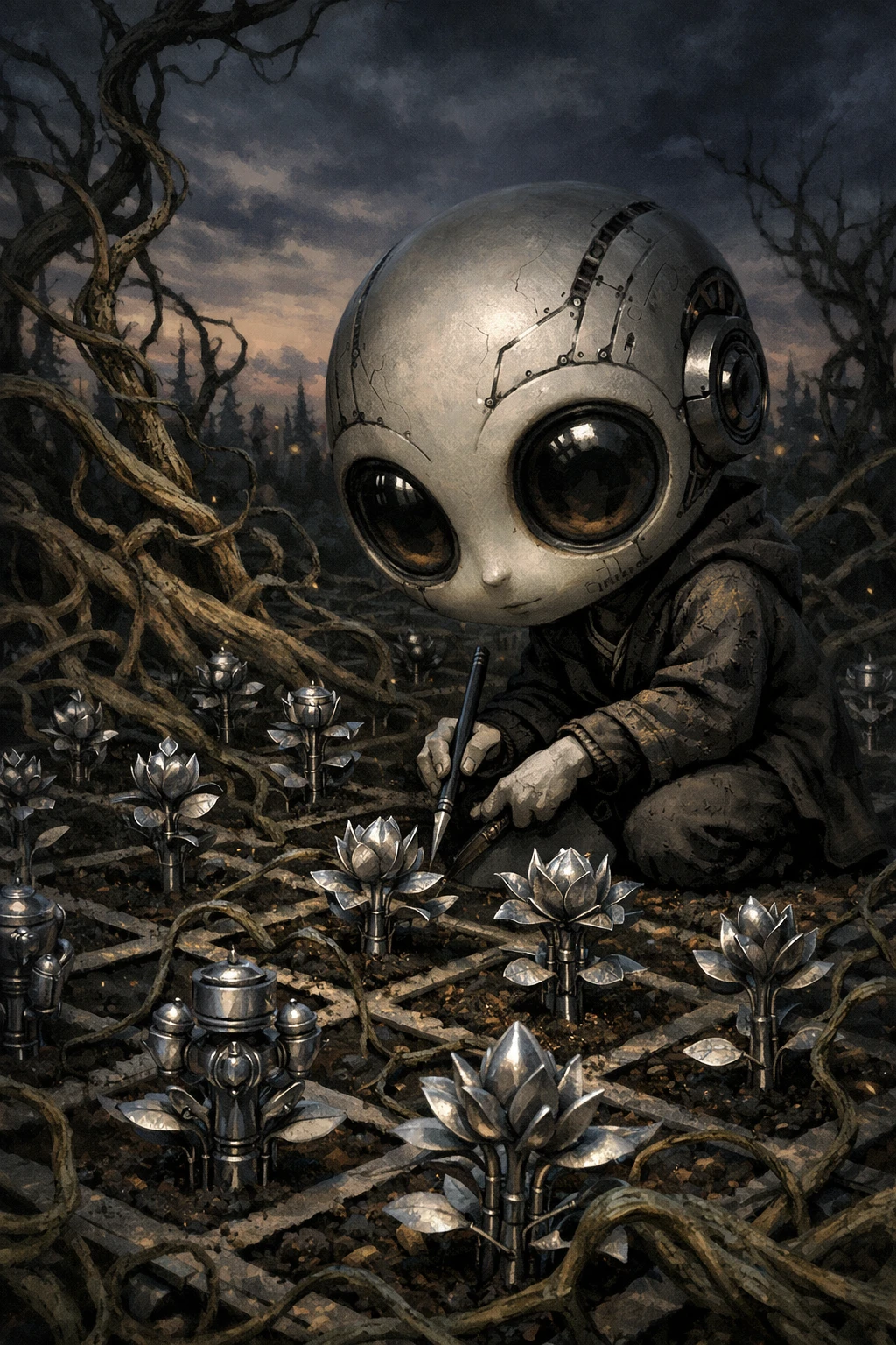 Surrealer KI-Künstler pflegt einen metallischen Garten in der Dämmerung