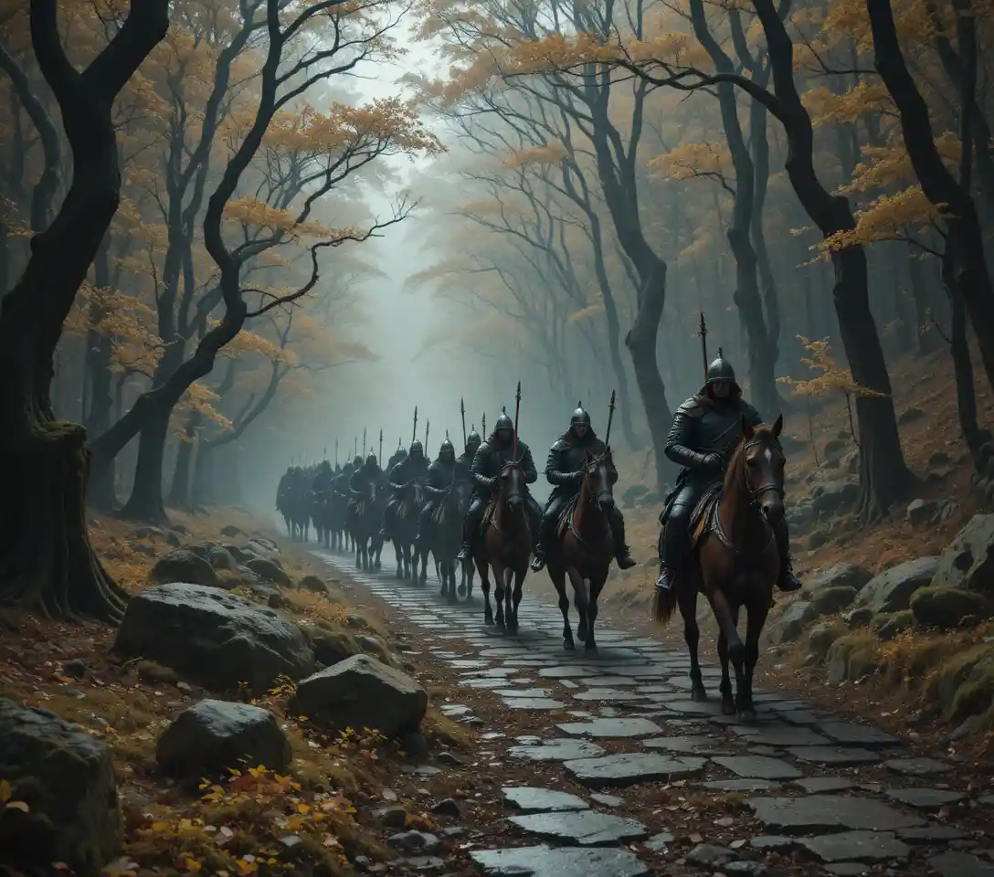 Signori dark fantasy a cavallo lungo una strada forestale rocciosa