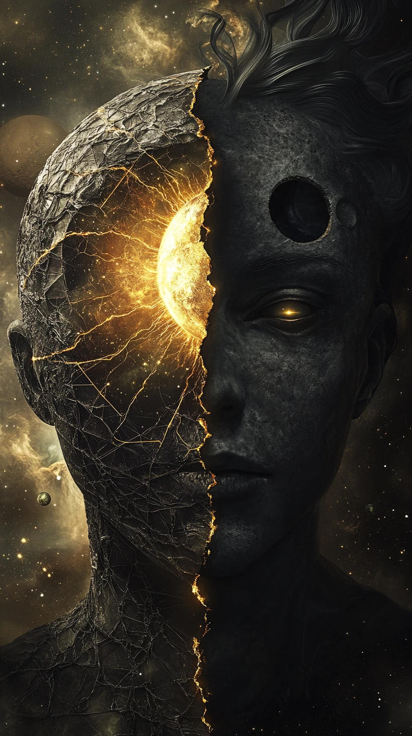 Celestial sun and moon fusion face in dark cosmic portrait