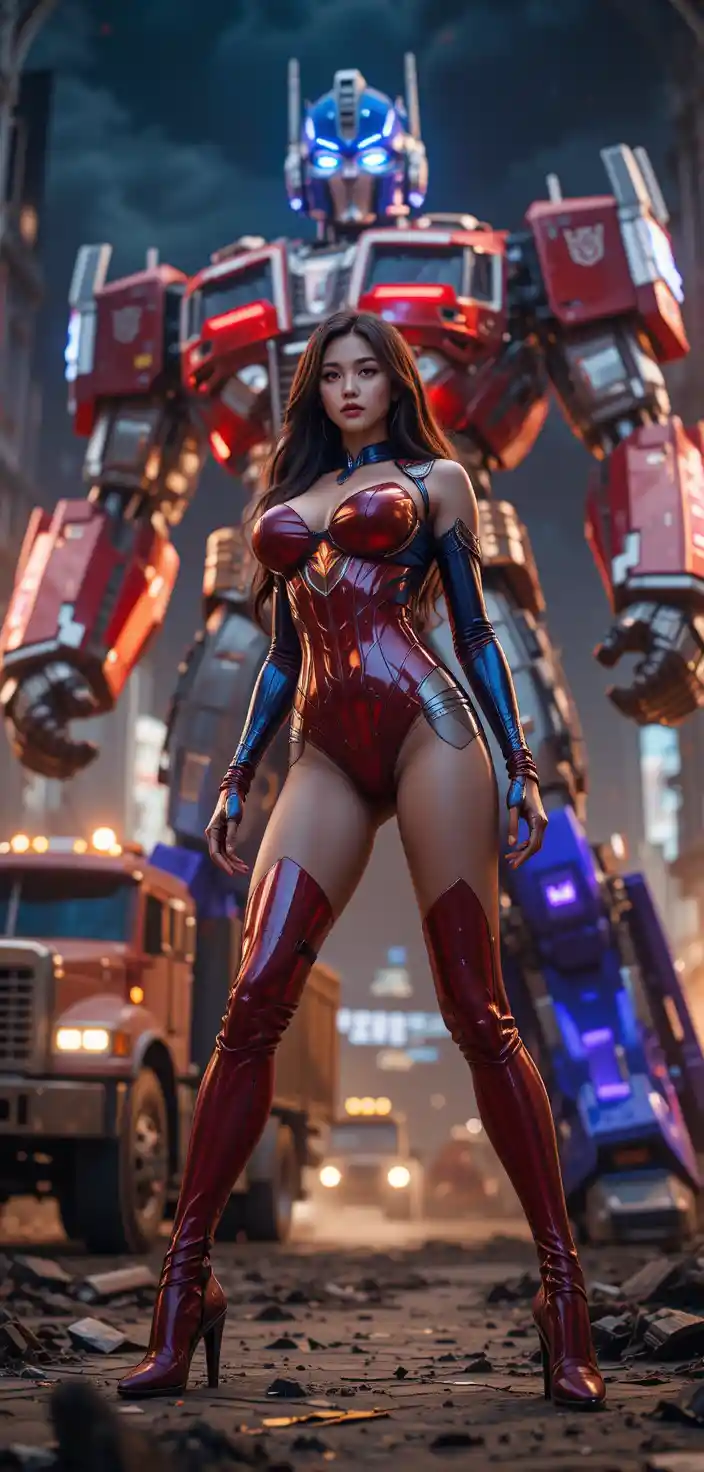 Mulher de Hong Kong em armadura sci‑fi com pose confiante de corpo inteiro