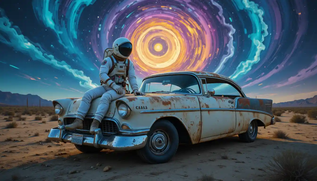 Astronauta descansando sobre un coche oxidado bajo un cielo psicodélico
