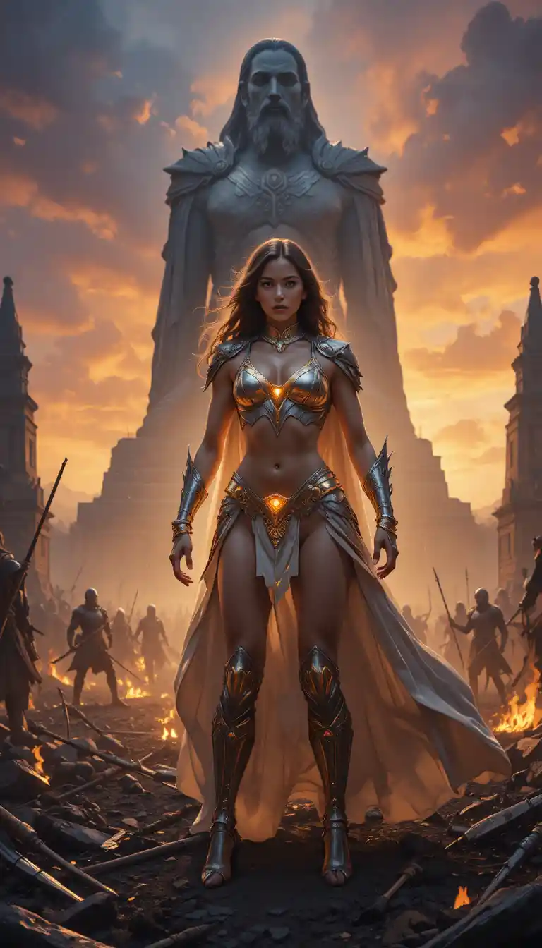 Reine guerrière en armure lumineuse sur un champ de bataille en flammes