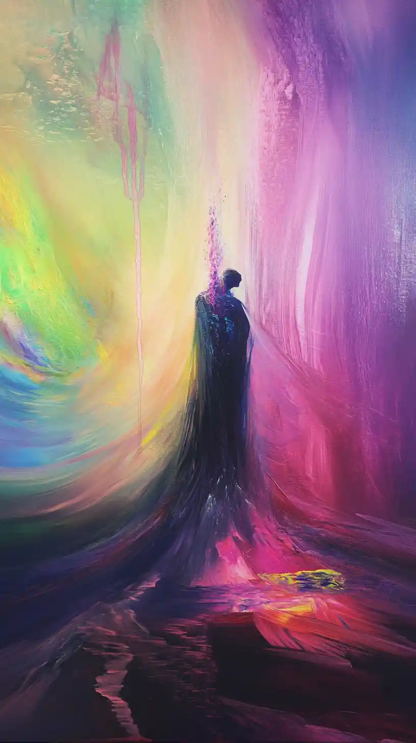 Essere mistico che emerge da un regno iridescente ultraterreno