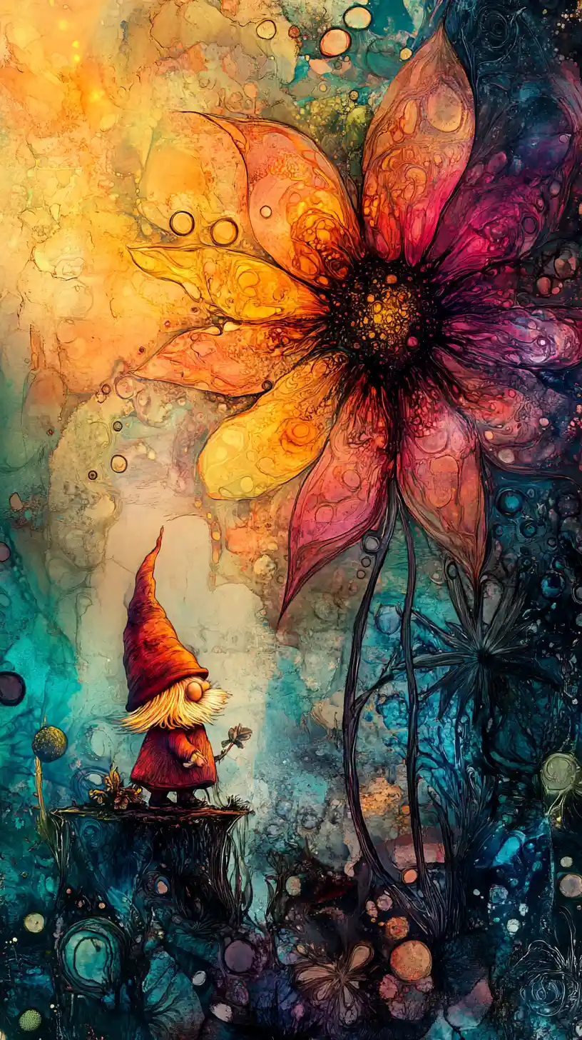 Mischievous gnome in a surreal garden with abstract flower