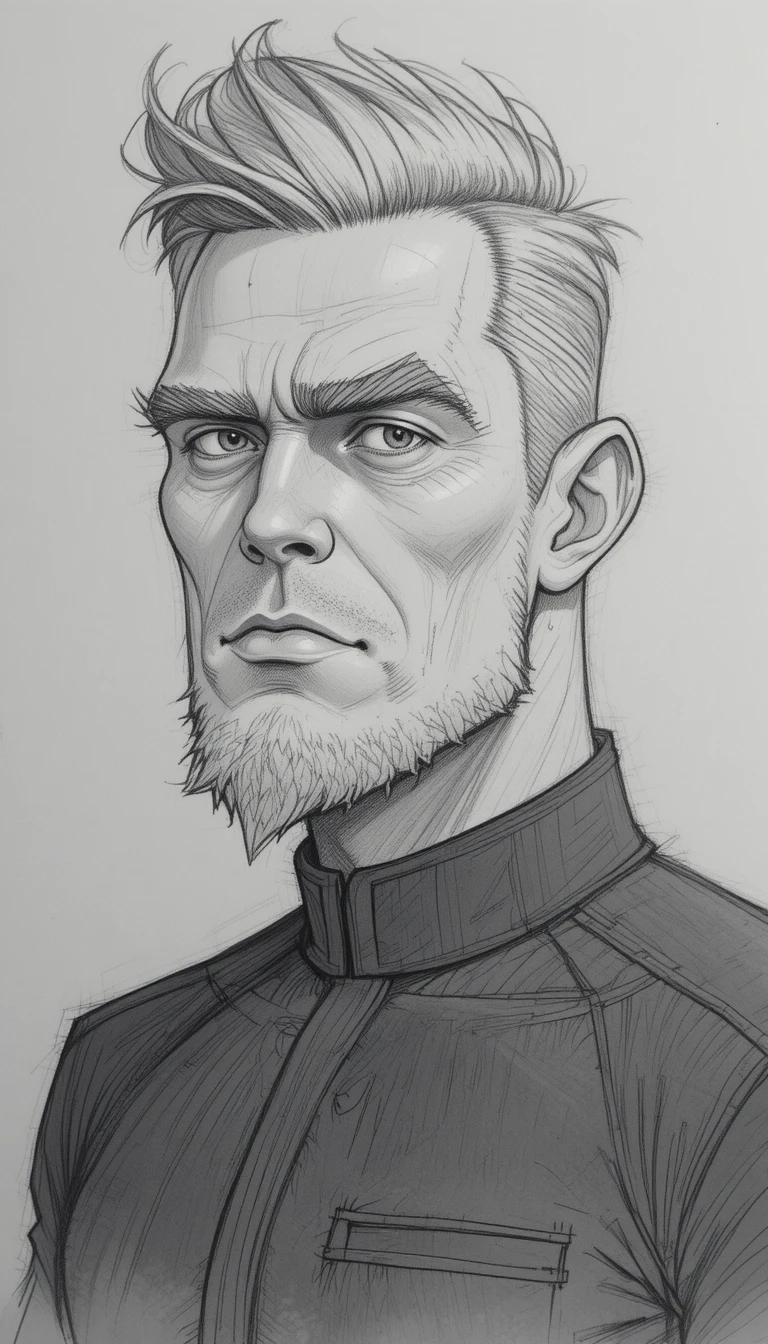 Retrato tipo caricatura a lápiz de un hombre musculoso y serio