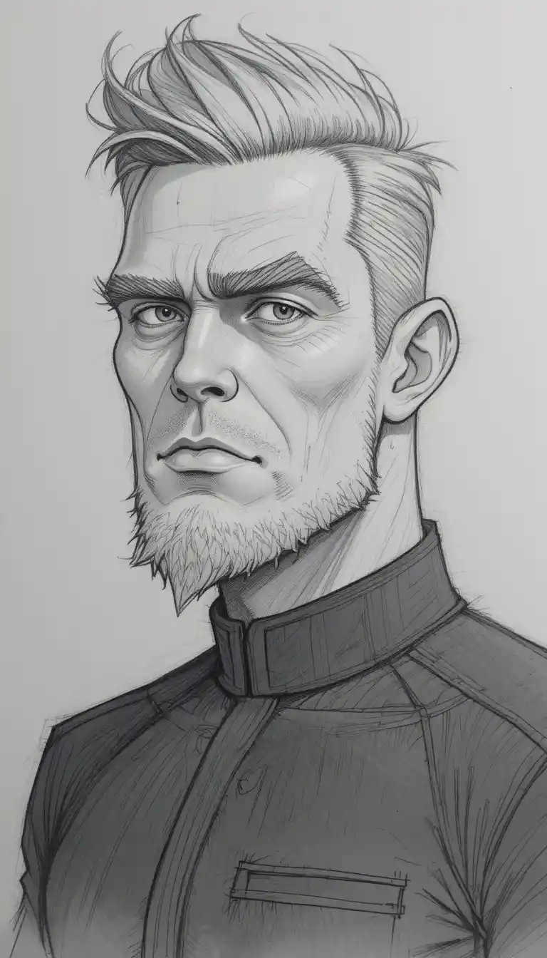 Retrato tipo caricatura a lápiz de un hombre musculoso y serio