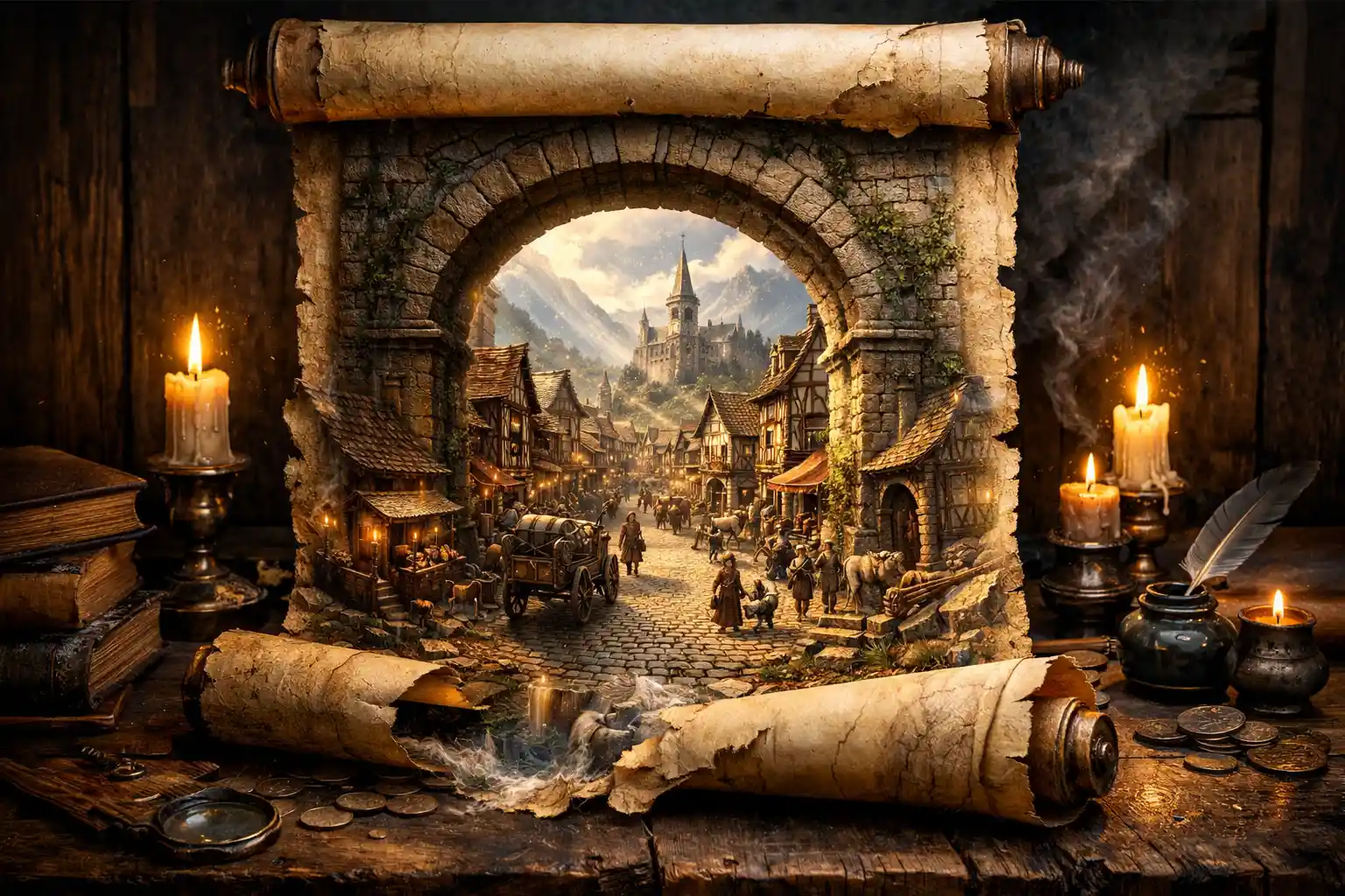 Surrealistische Schriftrolle enthüllt ein mittelalterliches Dorf in lebendigen Details