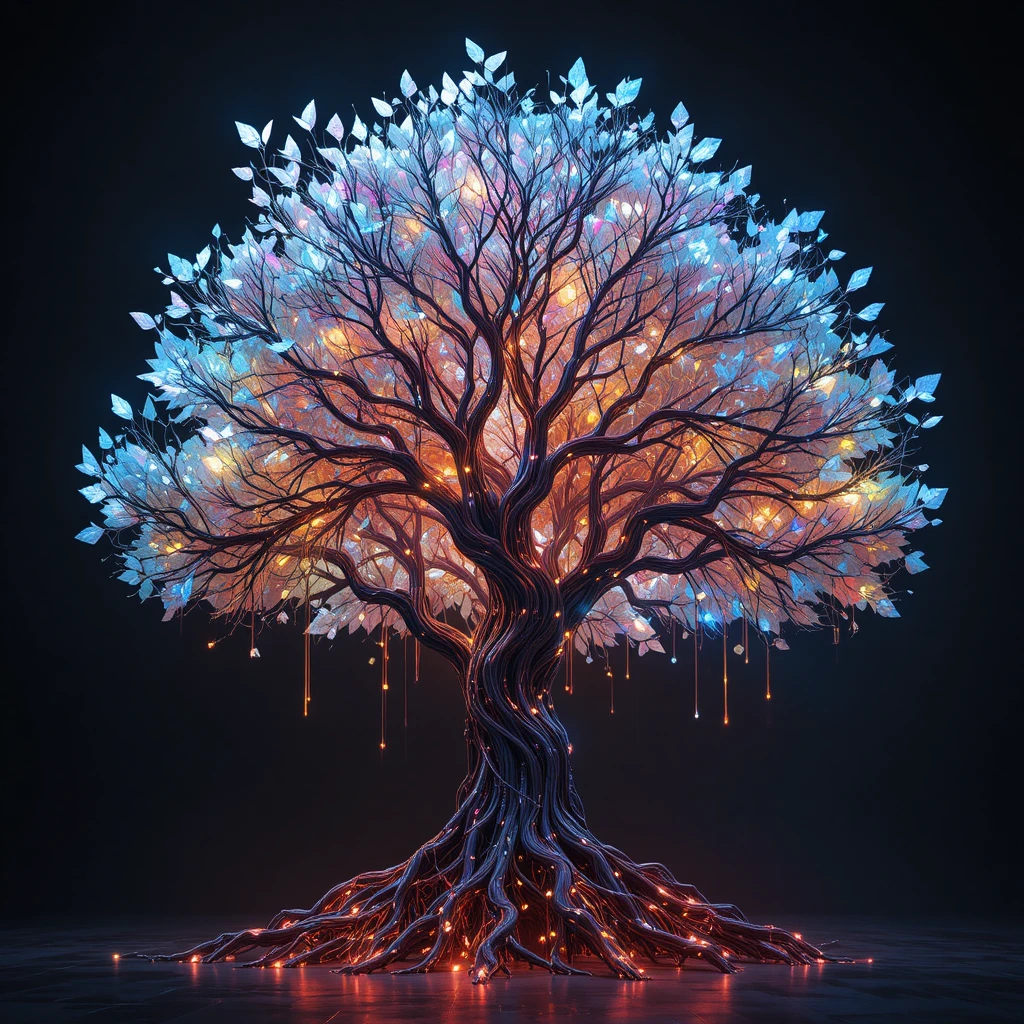 Kybernetischer Baum mit Neon-Kabeln und holografischen Glasblättern