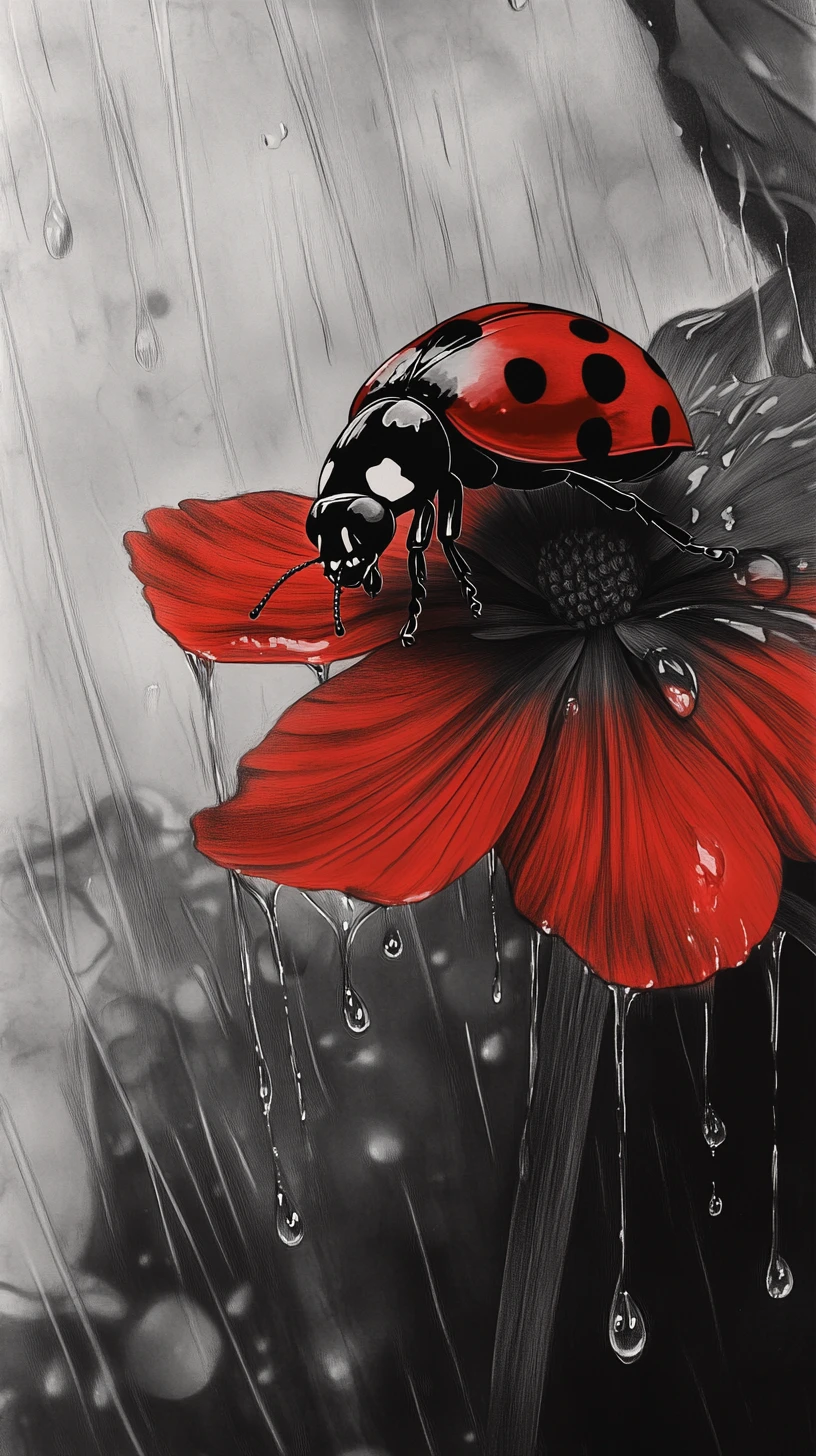 Macro ladybug on flower petal in stormy grayscale rain