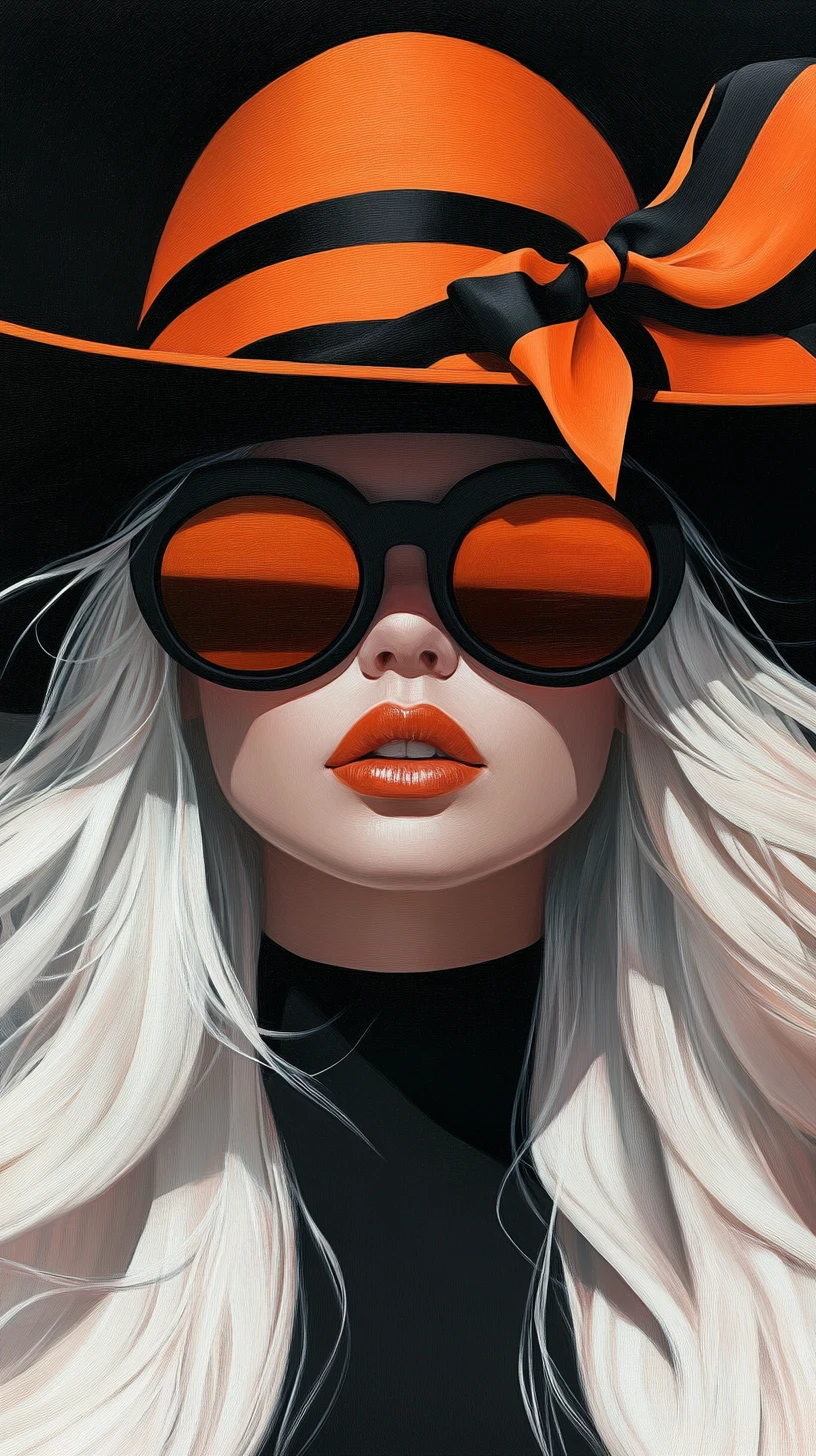 Stylized woman in hat with bold orange sunglasses