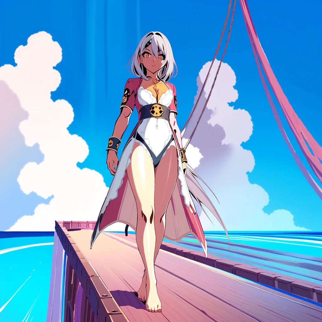 Anime woman on pirate ship deck in sea breeze