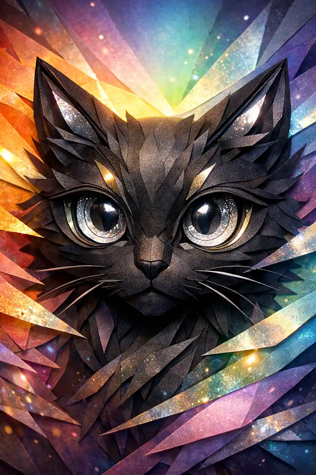 Close up papercraft black cat face with silver eyes