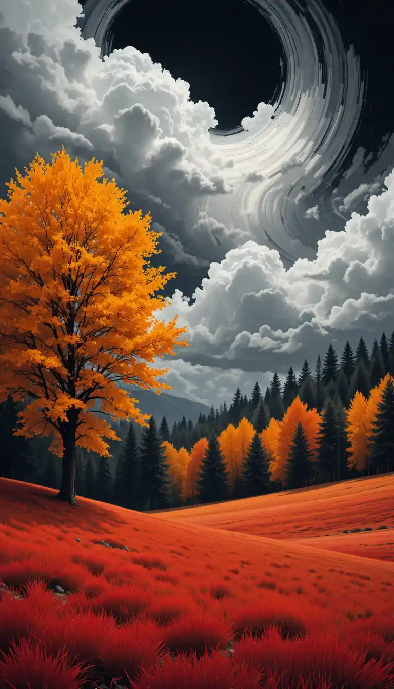 Albero autunnale audace contro cielo scuro in blocchi grafici
