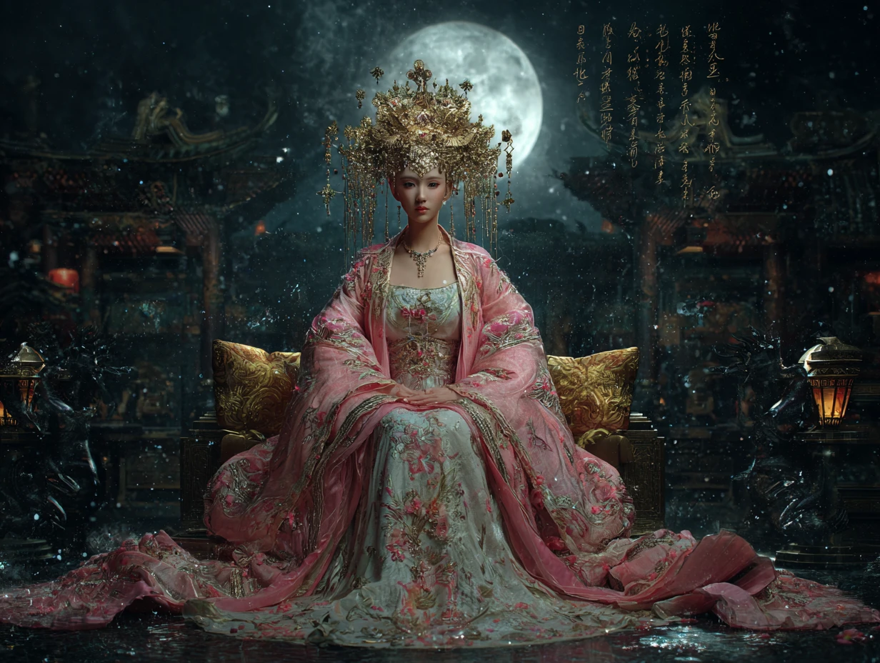 Ancient empress meditating on a golden imperial throne
