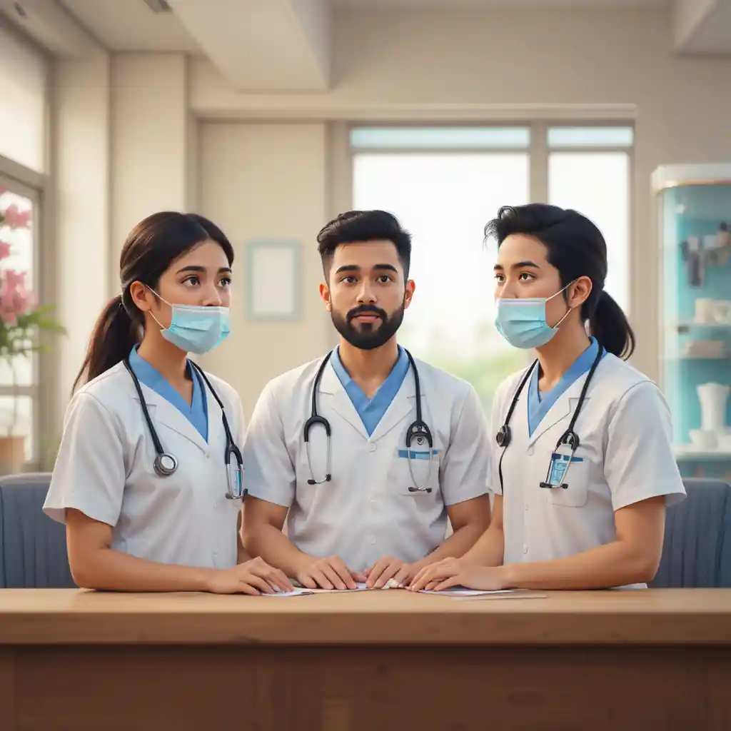 Uomini che consultano infermiere professioniste in una clinica sanitaria di quartiere