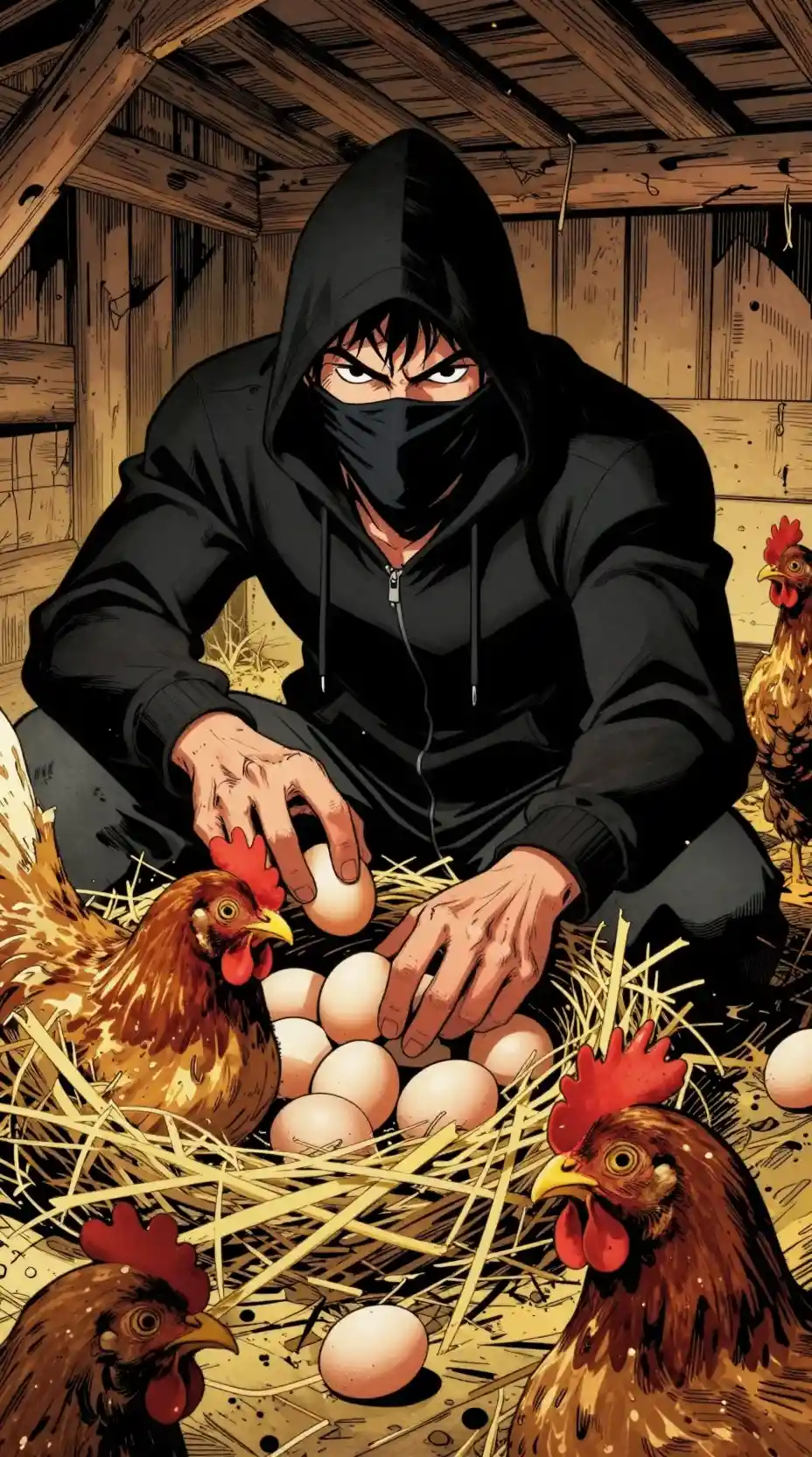 Masked egg thief sneaking through a rustic chicken coop