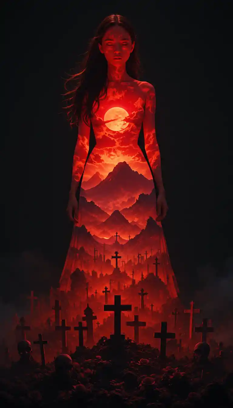 Silhouetted woman filled with fiery cemetery landscape