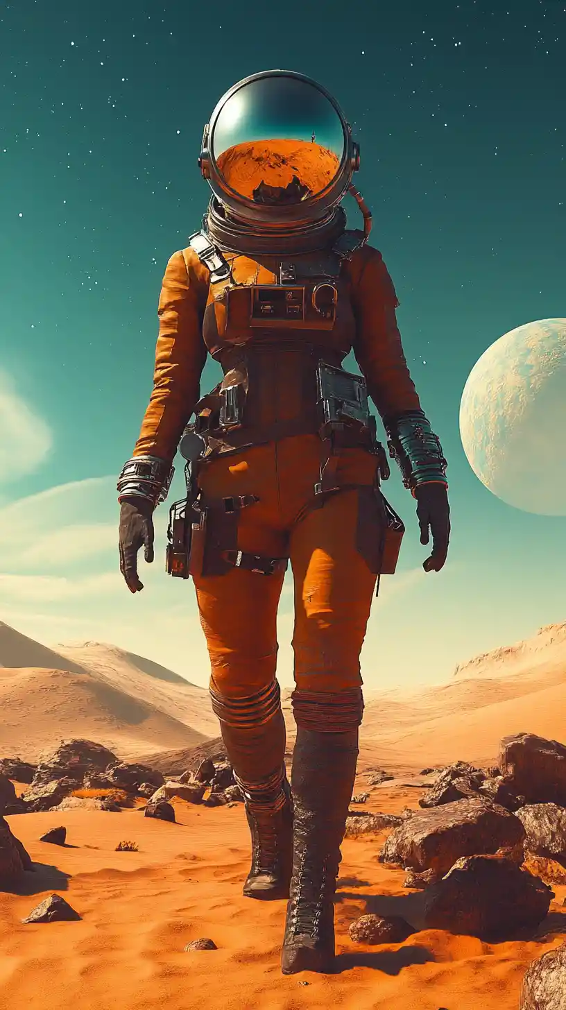 Female astronaut in retro suit on orange alien desert
