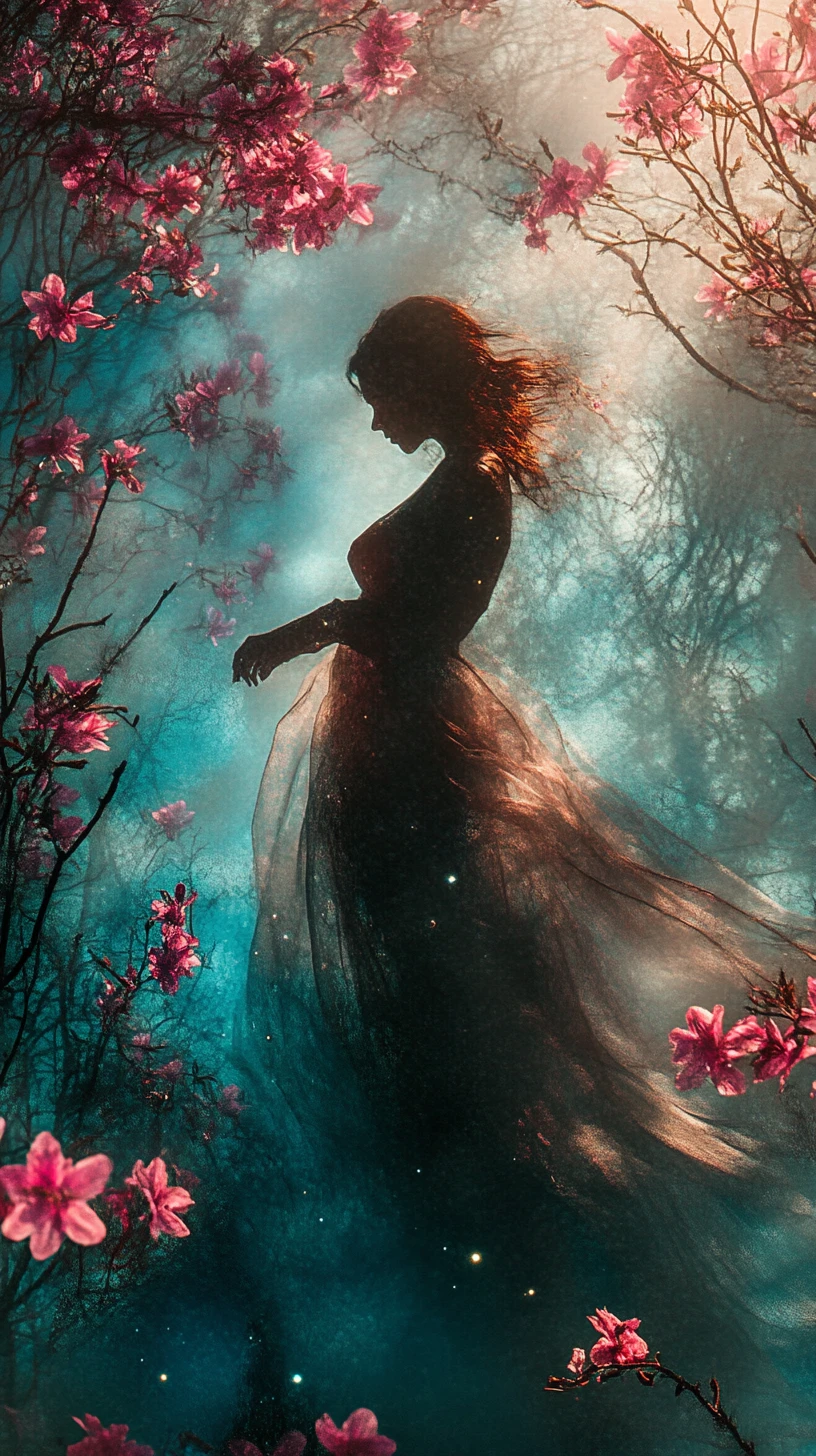 Ethereal woman in magenta blossoms and turquoise branches